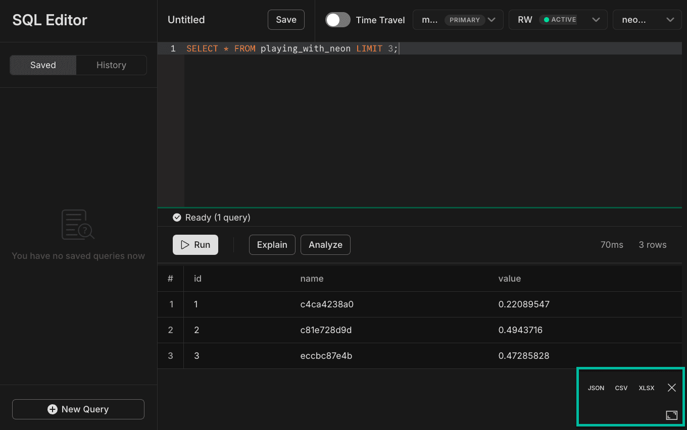 SQL Editor export data and expand results to window buttons