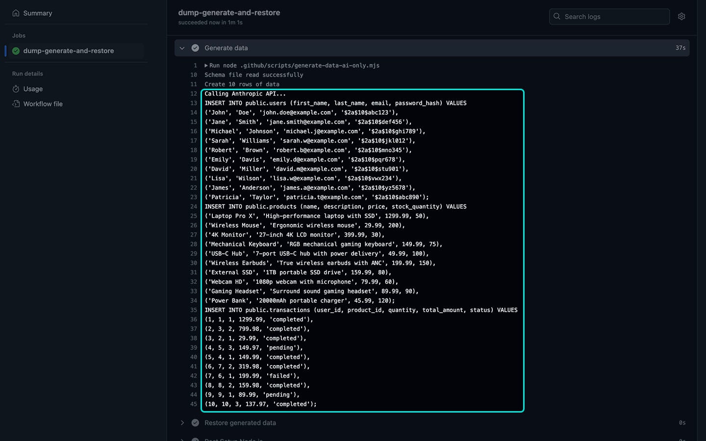 Screenshot of GitHub Action's logs displaying AI generated SQL INSERT statements